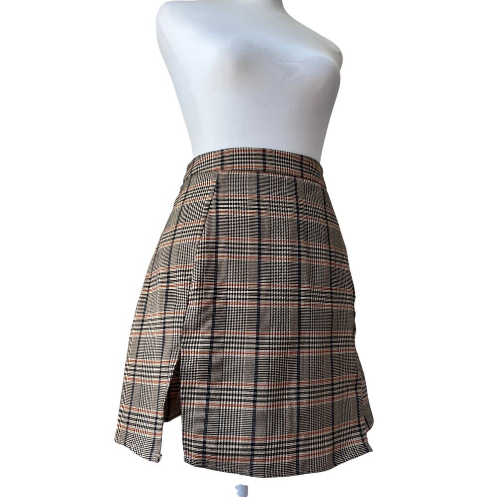 Missguided Petite Brown, Black & Orange Plaid Mini Skirt w/ Side Slits